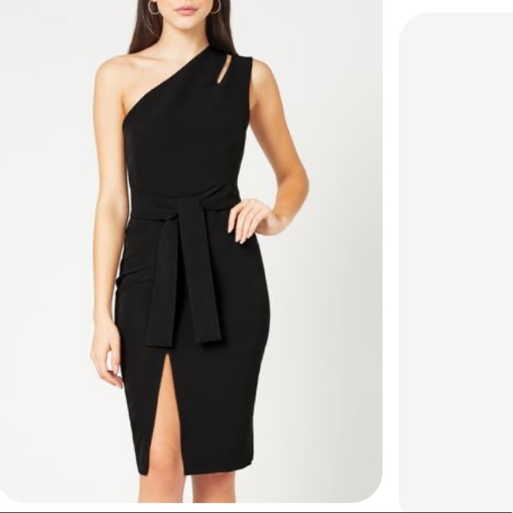 Vesper 24/7 black one shoulder pencil dress w/slit and waist tie. BNWT uk8 us4
